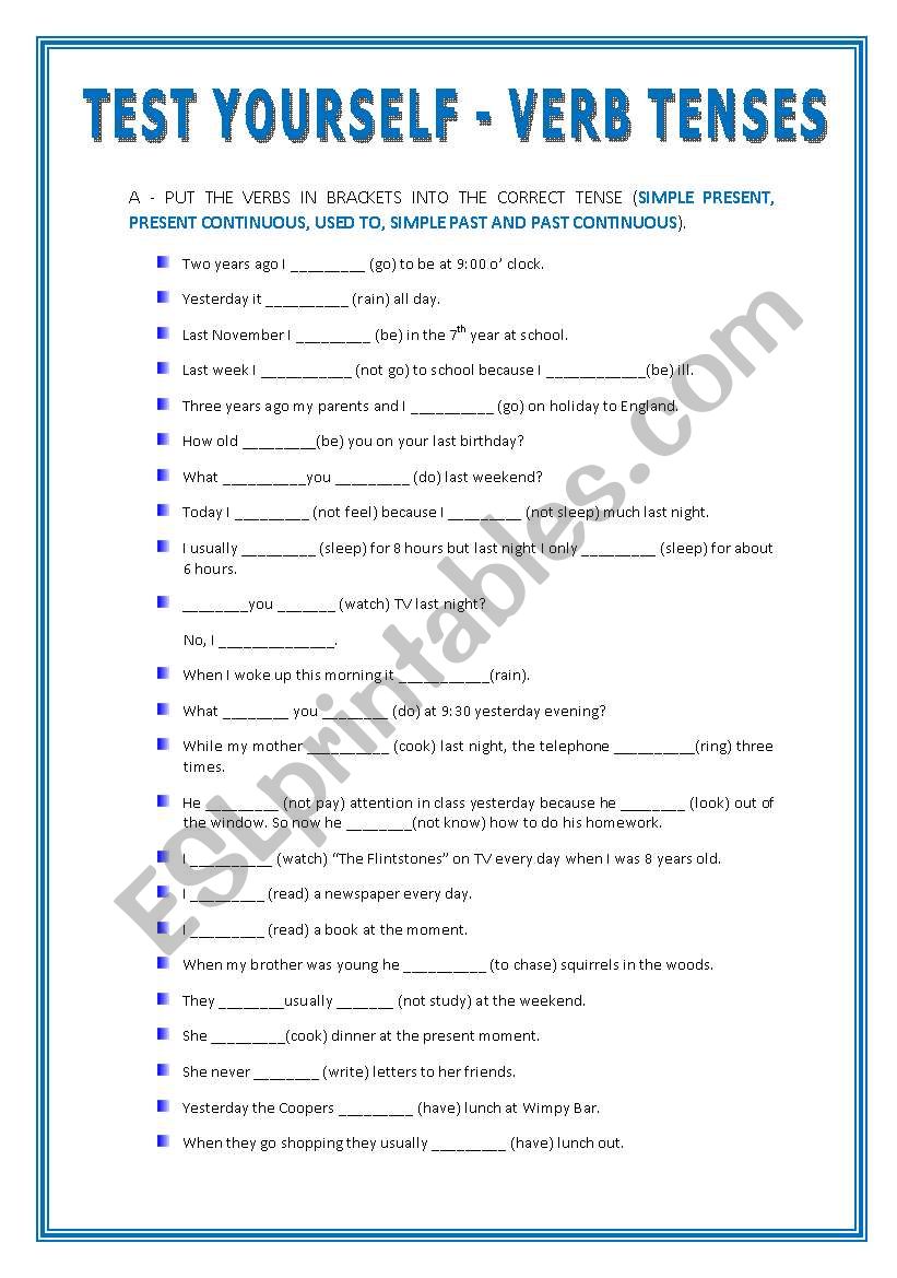 TEST YOURSELF - VERB TENSES worksheet