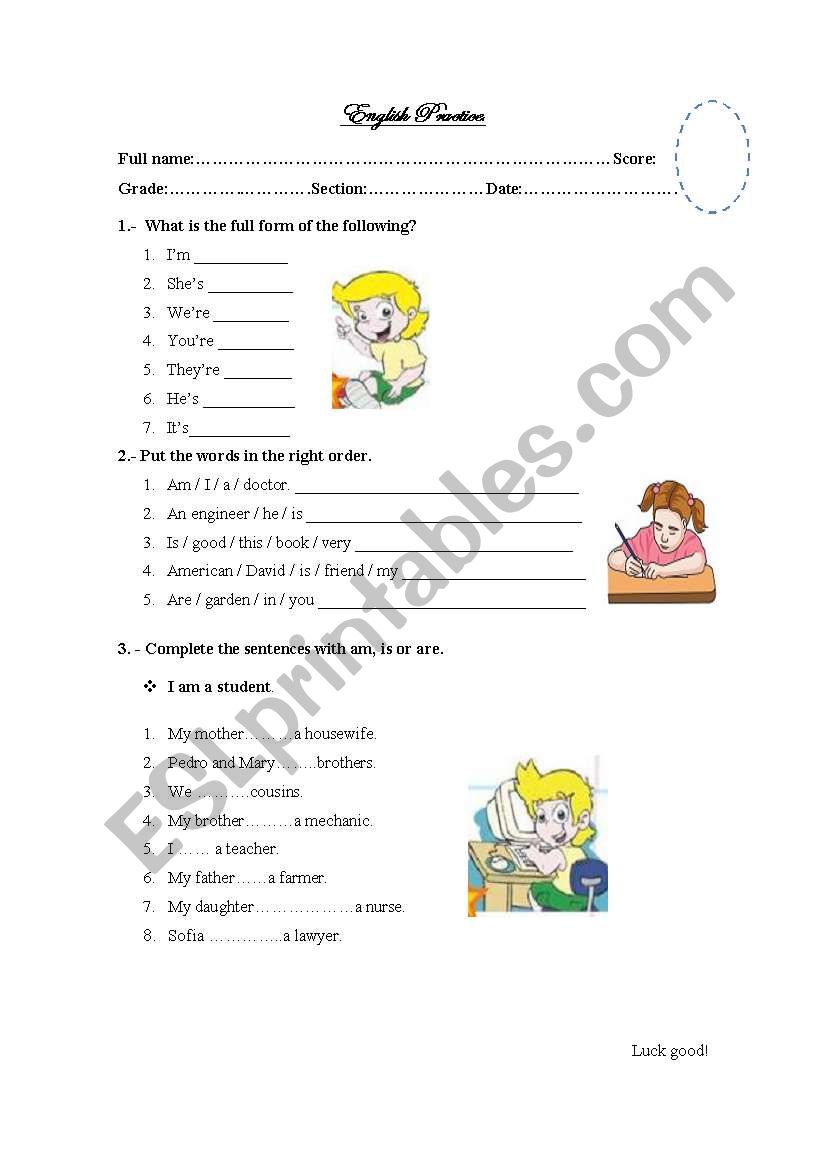 THE VERB TO BE  worksheet