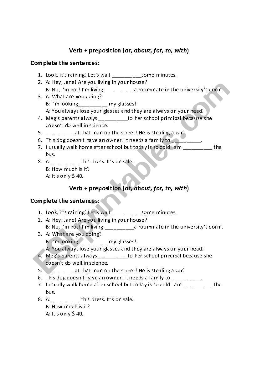 verbs + prepositions worksheet