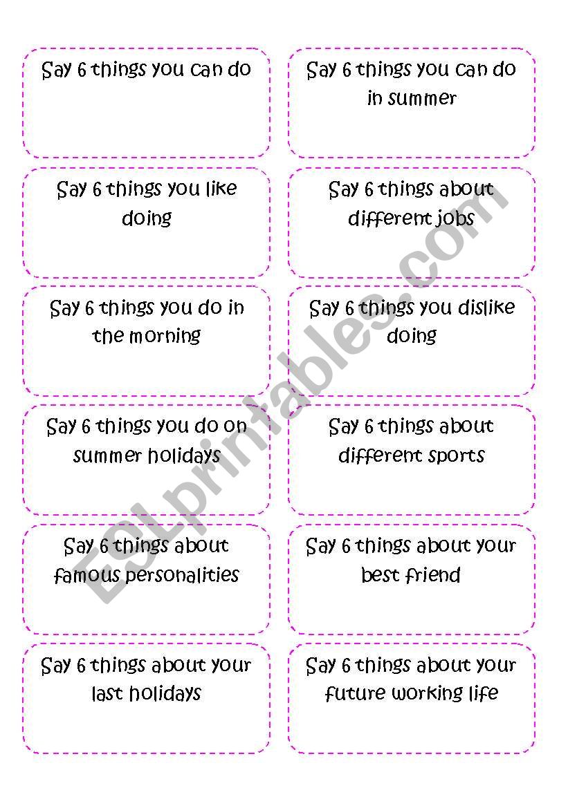 Speaking cards- Say 6 things about .... 1/3