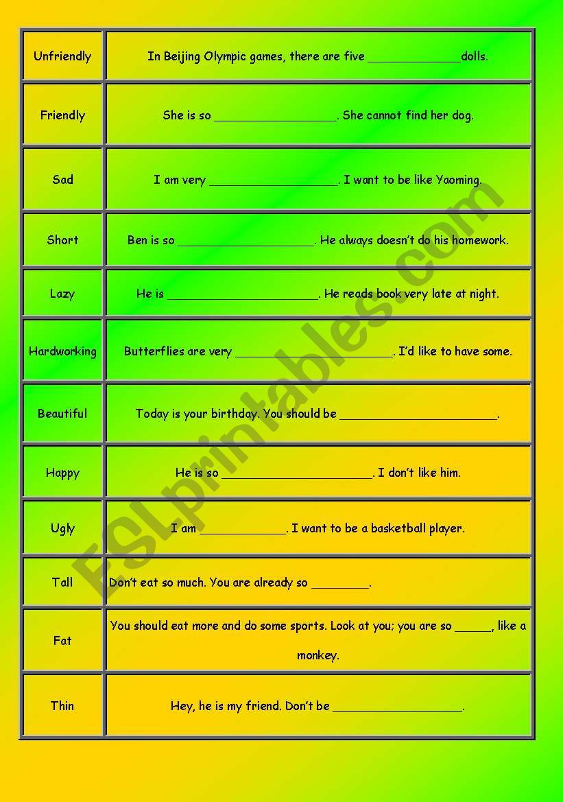 adjective dominoes worksheet