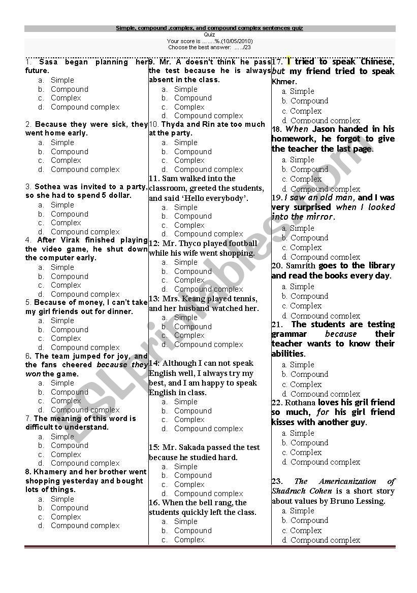 Sentence Structure Quizes worksheet