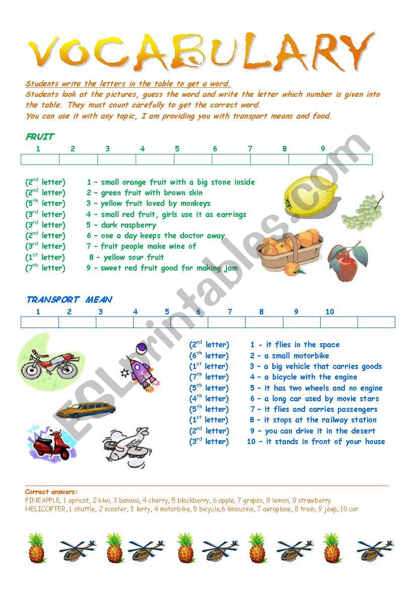 Activity card -  Vocabulary worksheet