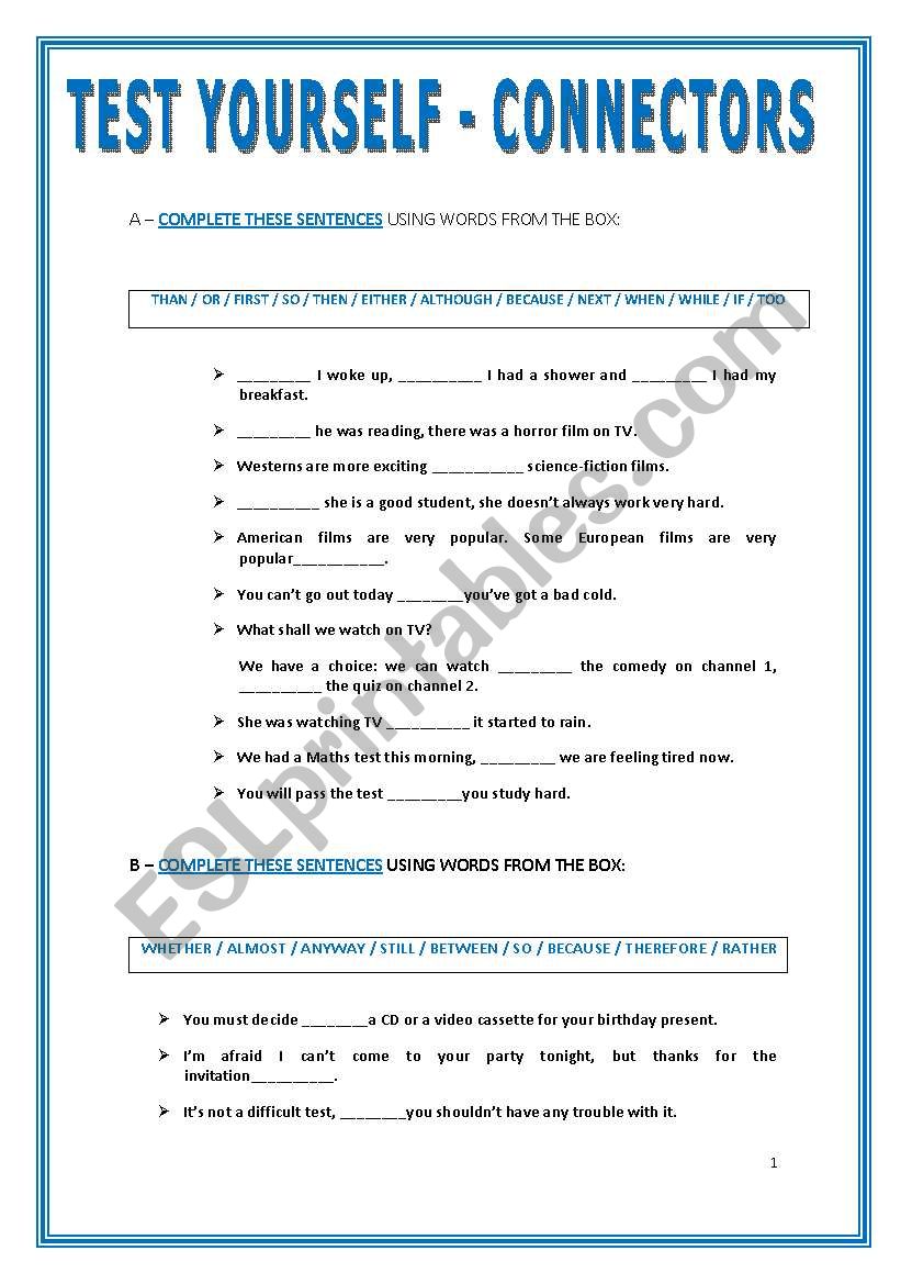 TEST YOURSELF -  CONNECTORS worksheet