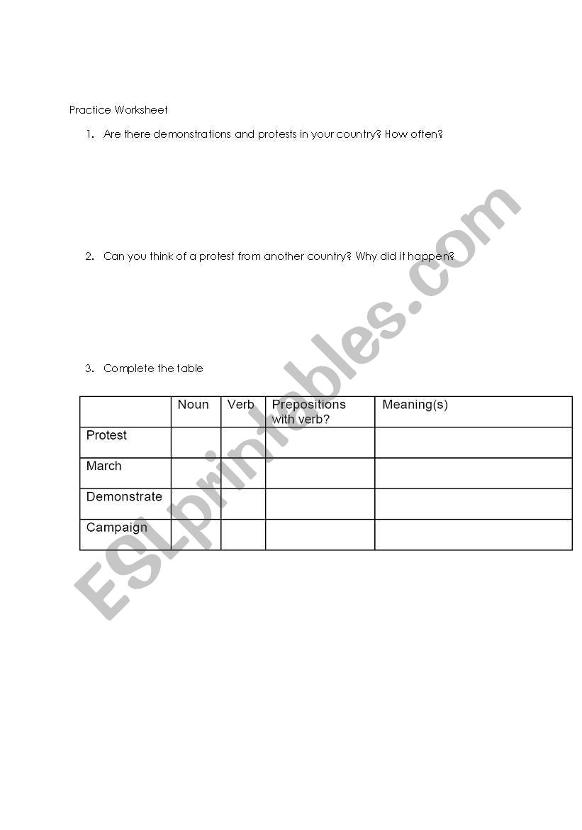 A worksheet on protest vocabulary