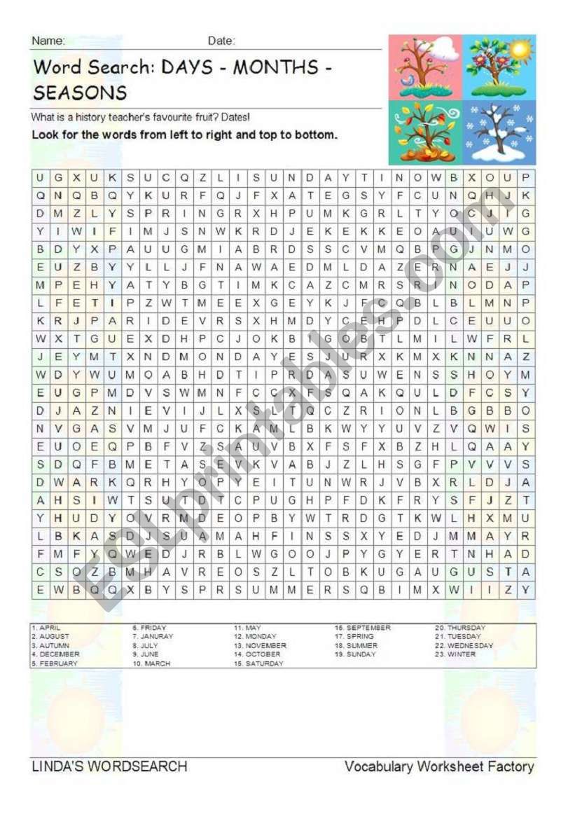 WORDSEARCH: DAYS-MONTHS-SEASONS