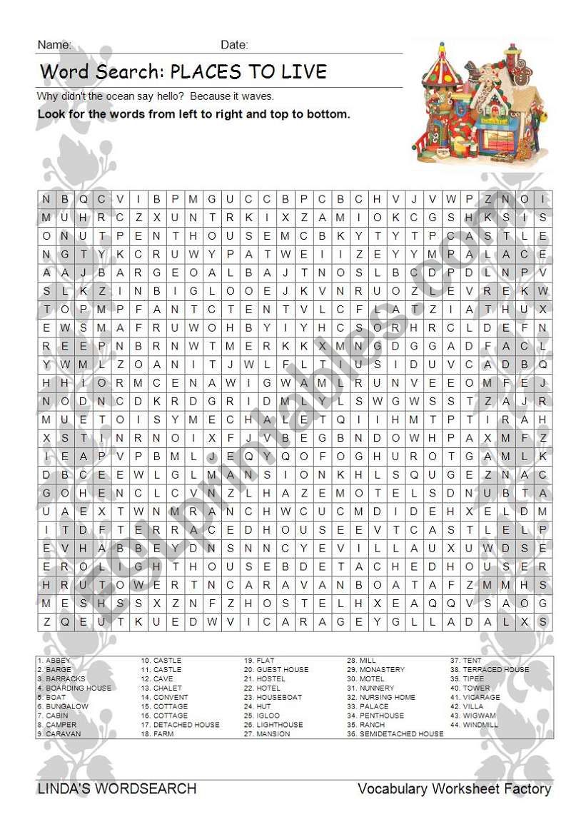 WORDSEARCH: PLACES TO LIVE worksheet
