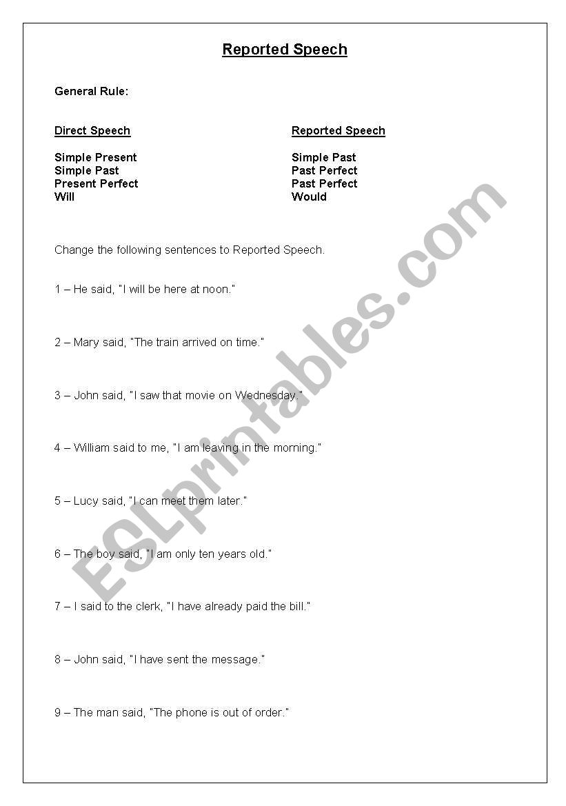 Reported Speech worksheet