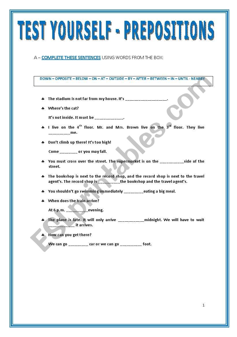 TEST YOURSELF - PREPOSITIONS worksheet