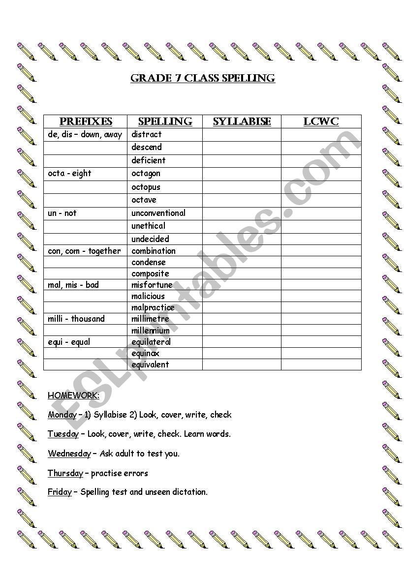 Spelling - prefixes worksheet