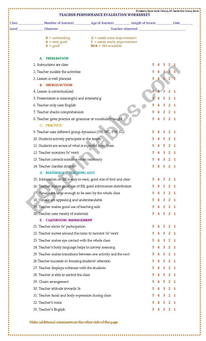 TEACHING  EVALUATION worksheet