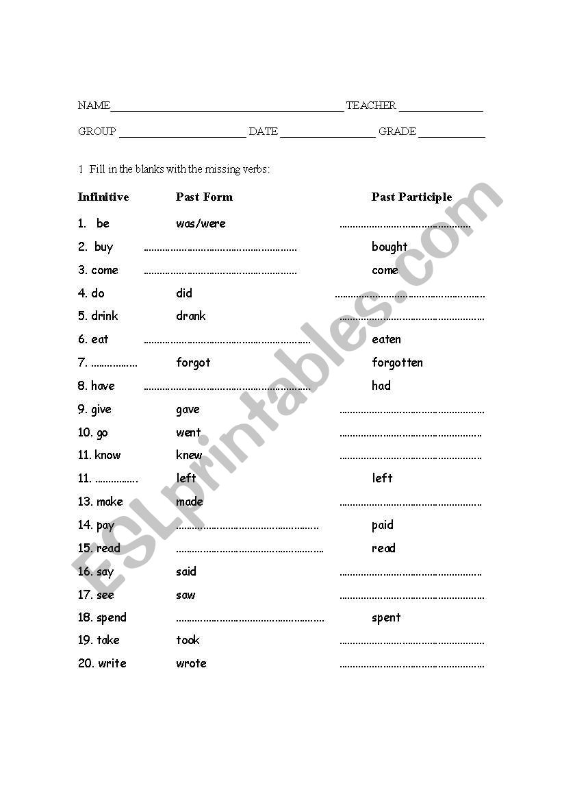 Irregular verbs test worksheet