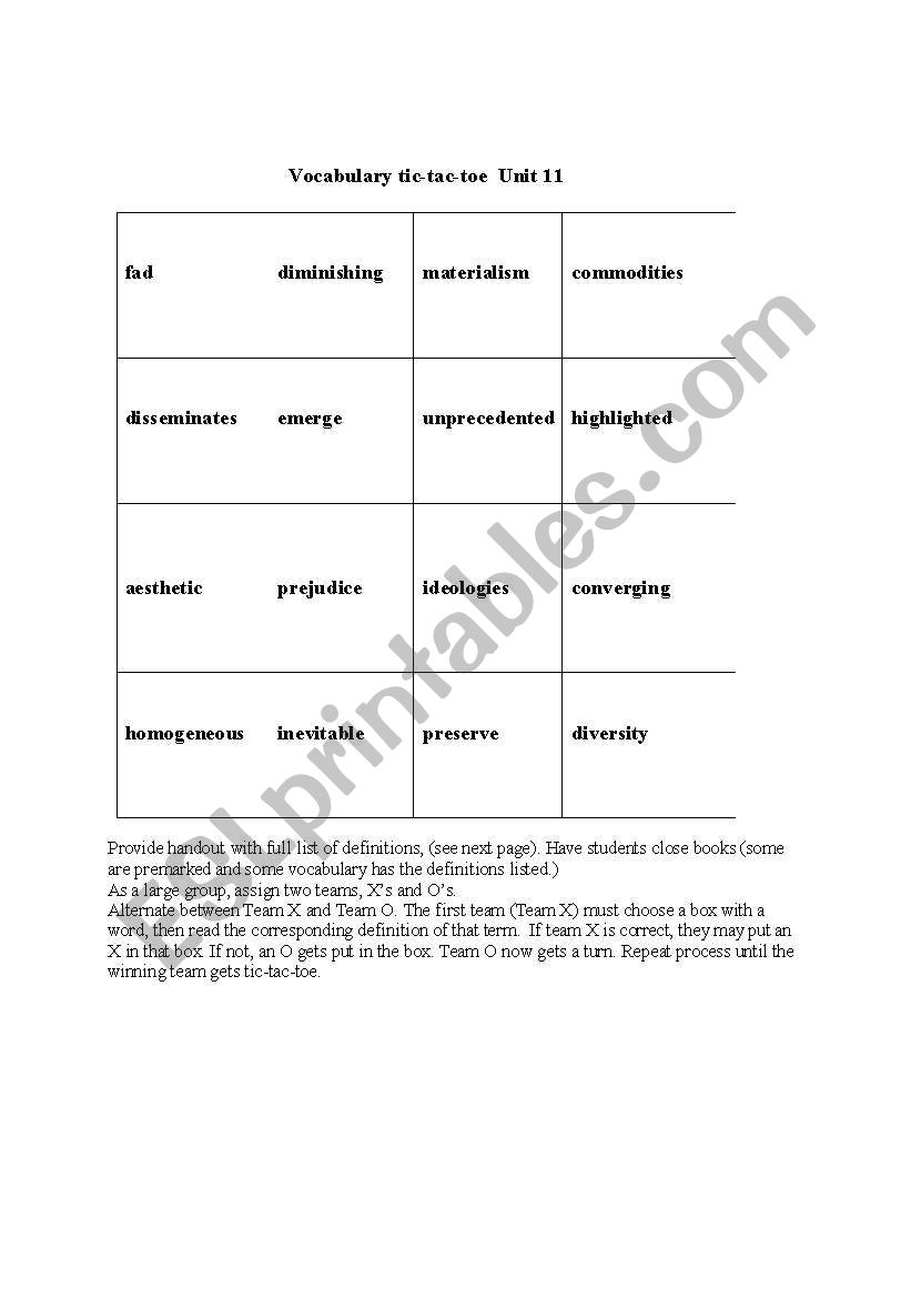 vocabulary games - tic-tac-toe