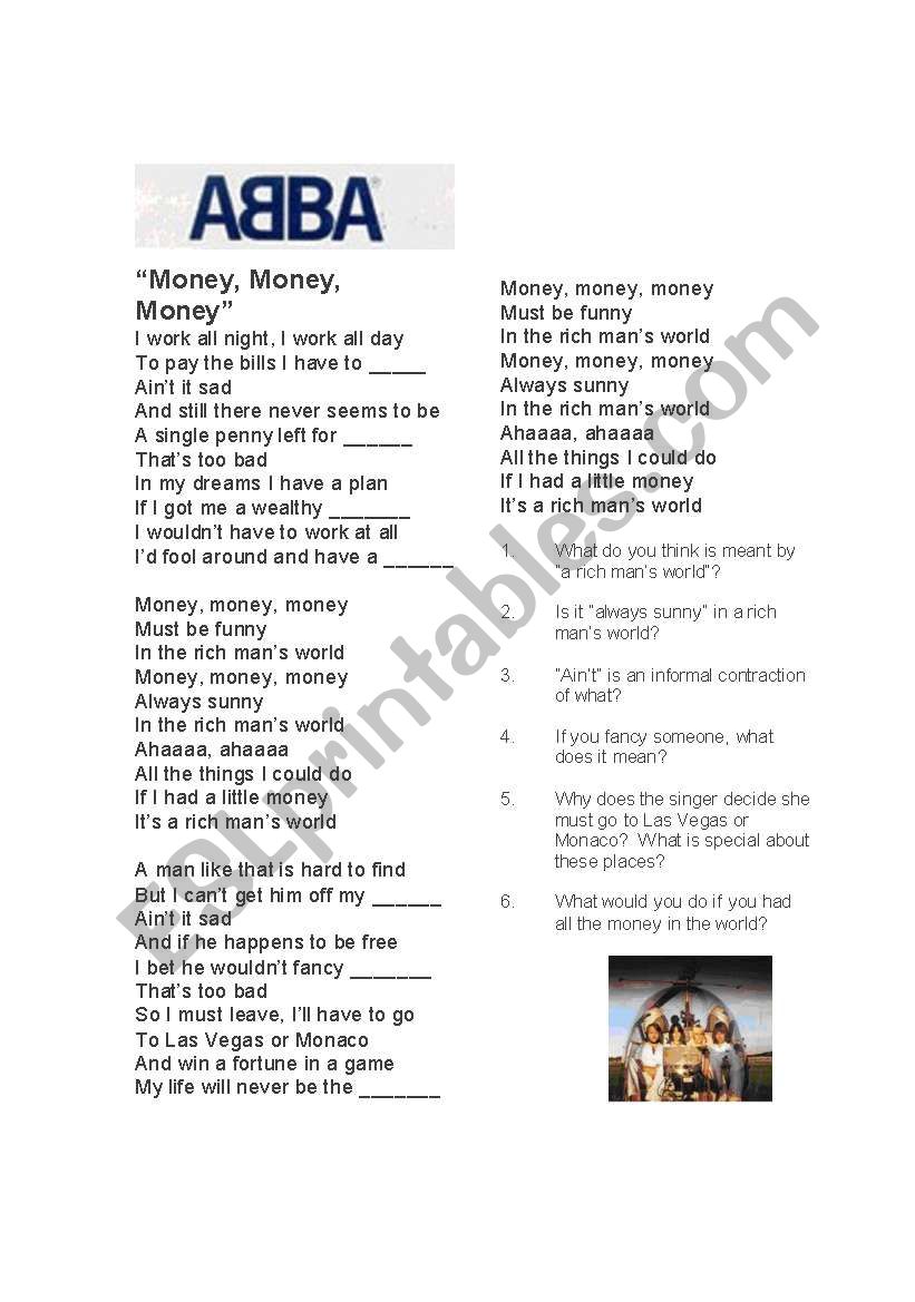 Abba - Money Money Money worksheet