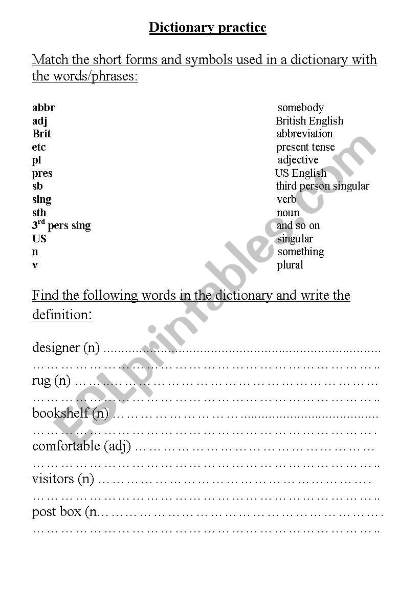 Dictionary practice worksheet