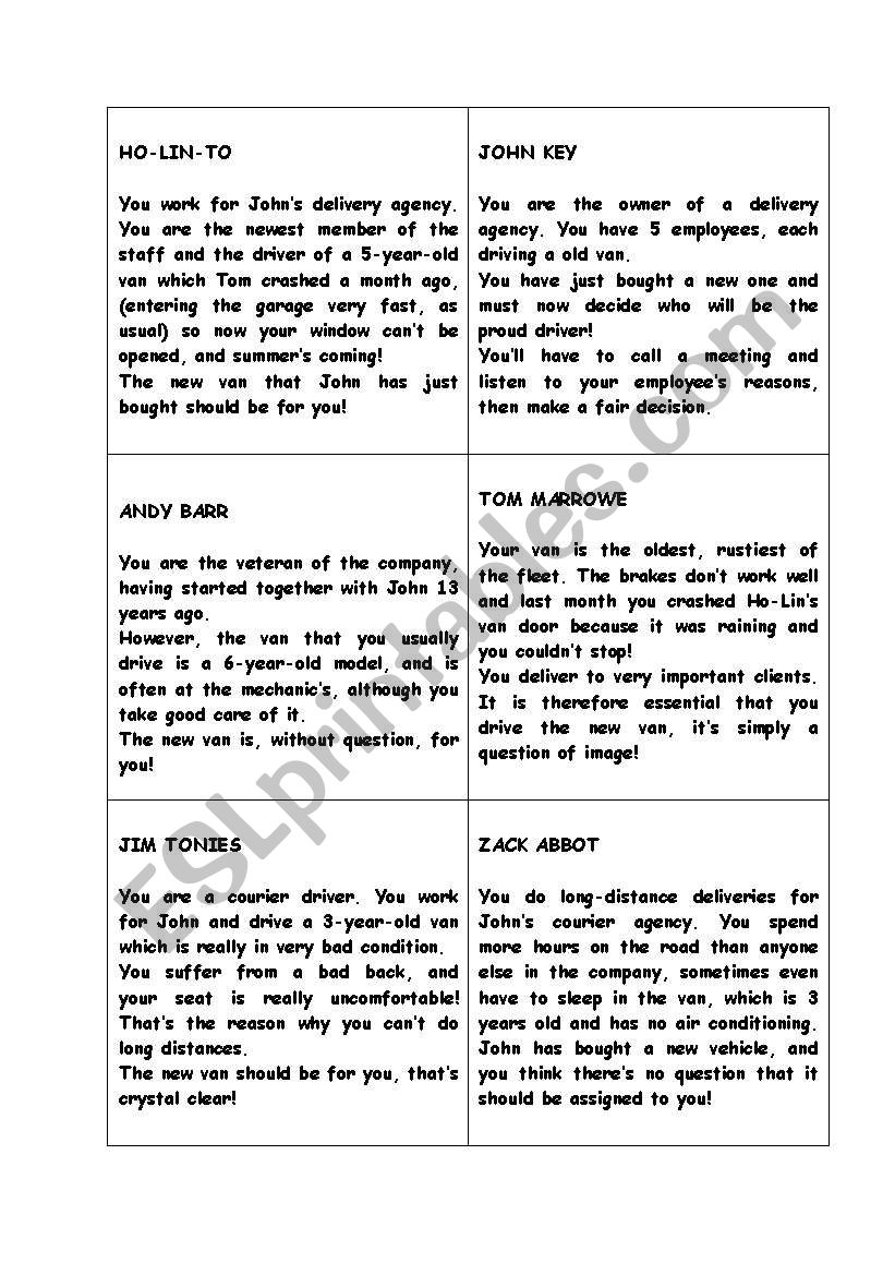 The new van role-play worksheet