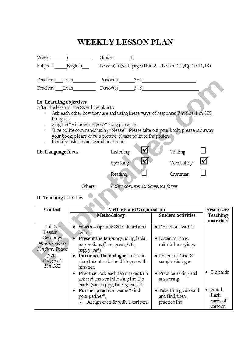 Lesson plan - Lets go 1 - Unit 2