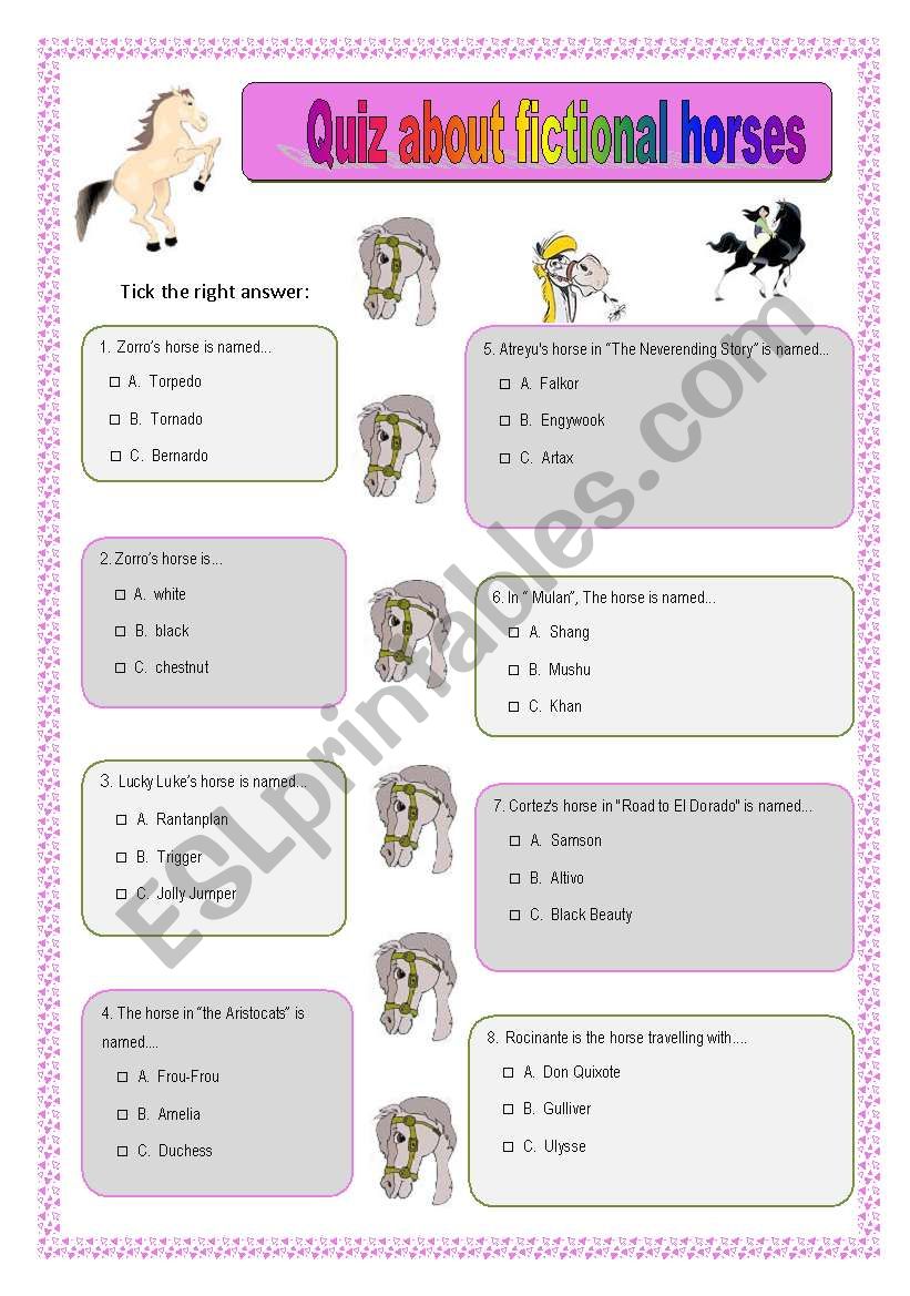 Quiz about fictional horses worksheet