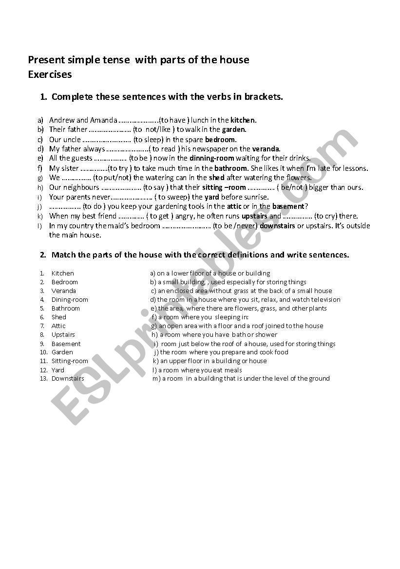 parts of the house worksheet