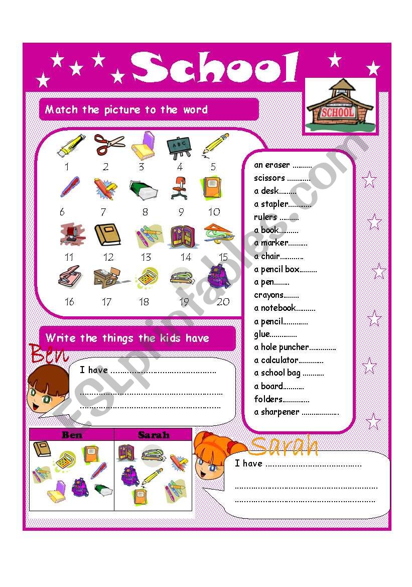 school items worksheet