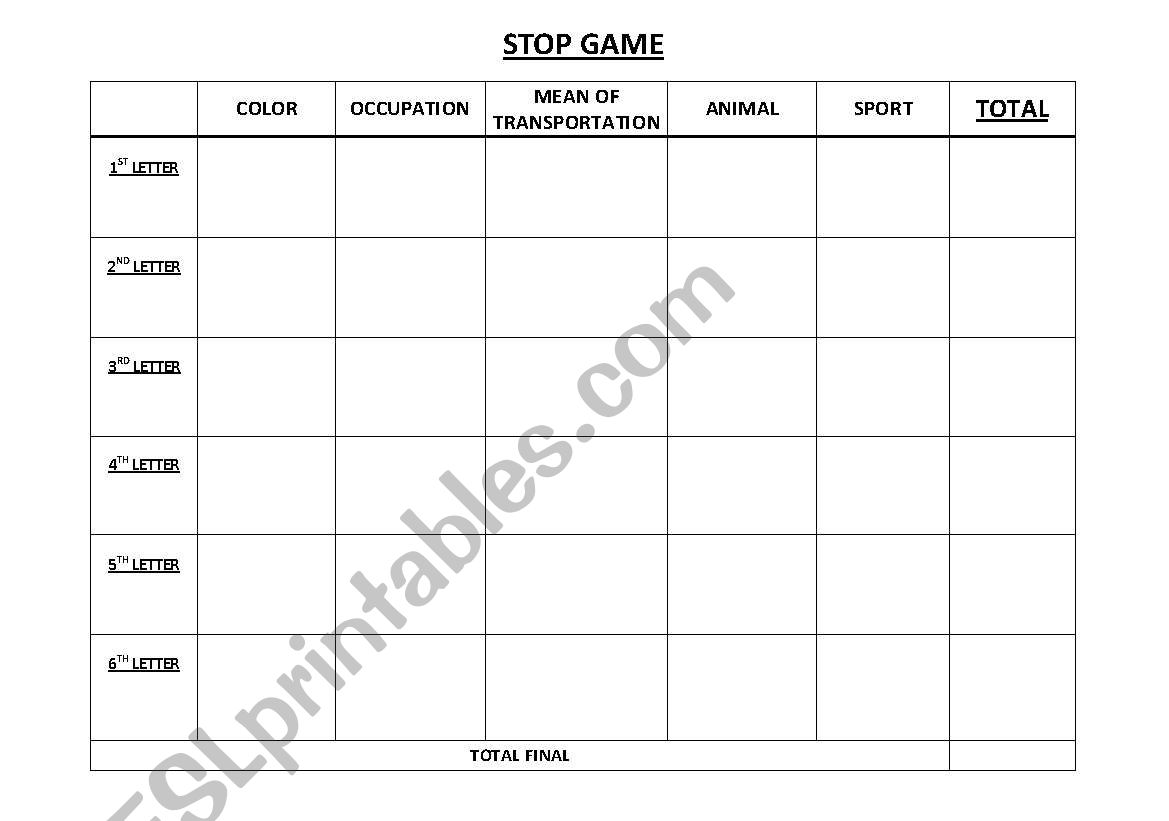 Stop Game worksheet