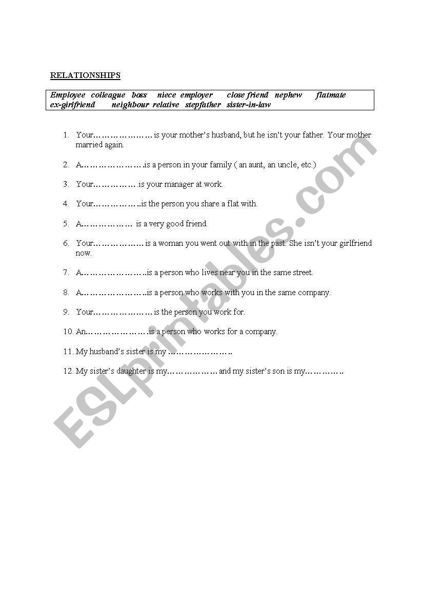 Relationships worksheet