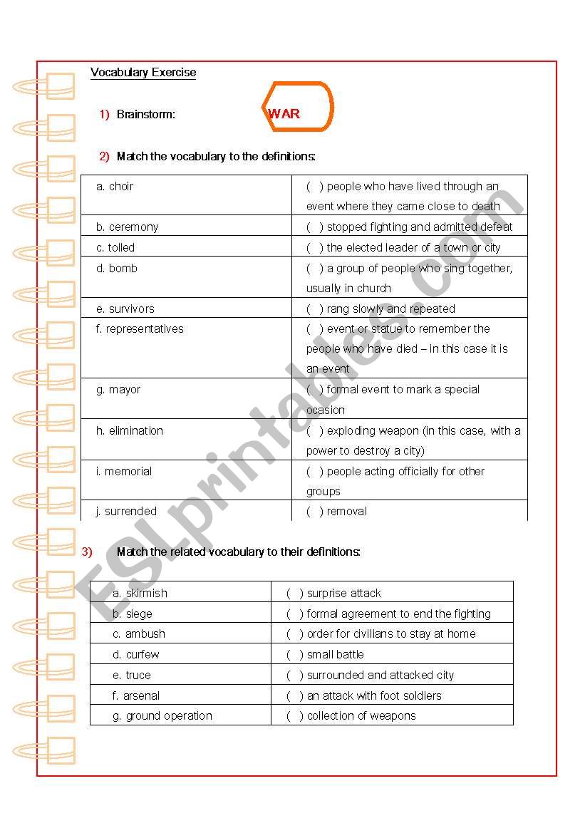 War Vocabulary worksheet