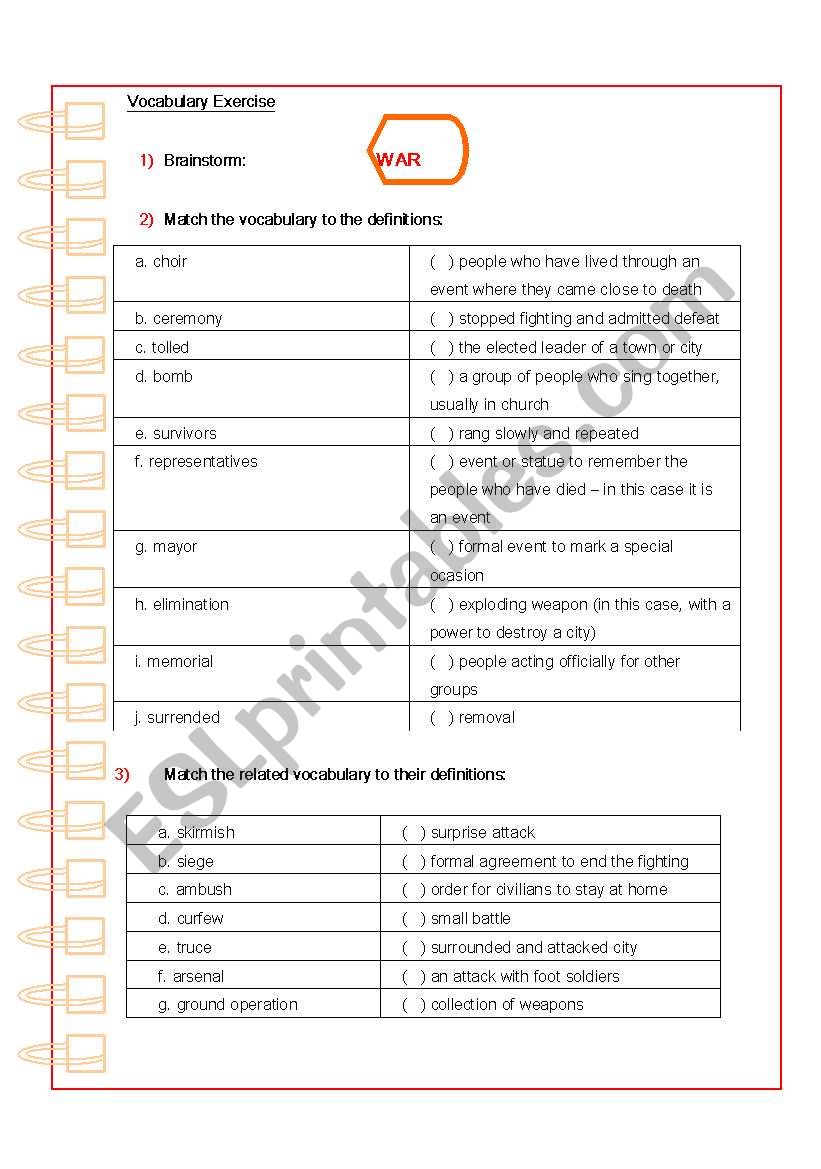 War Vocabulary worksheet