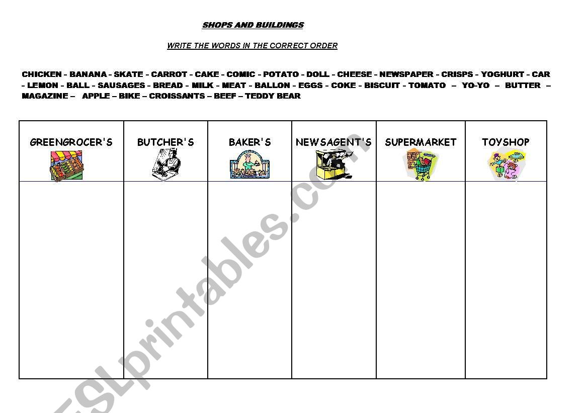 SHOPS AND BUILDINGS worksheet