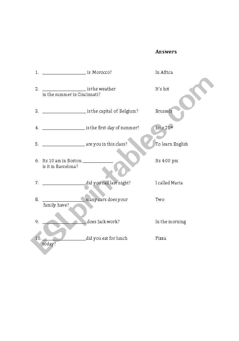 Question Worksheet worksheet