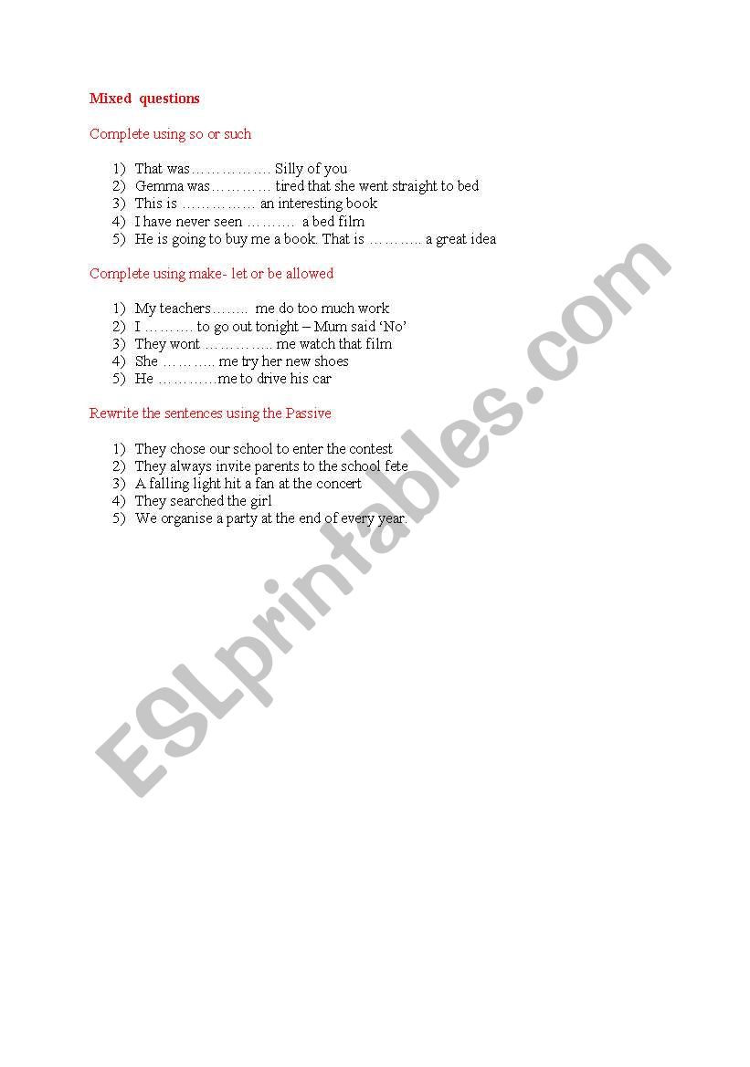 mixed grammer questions worksheet