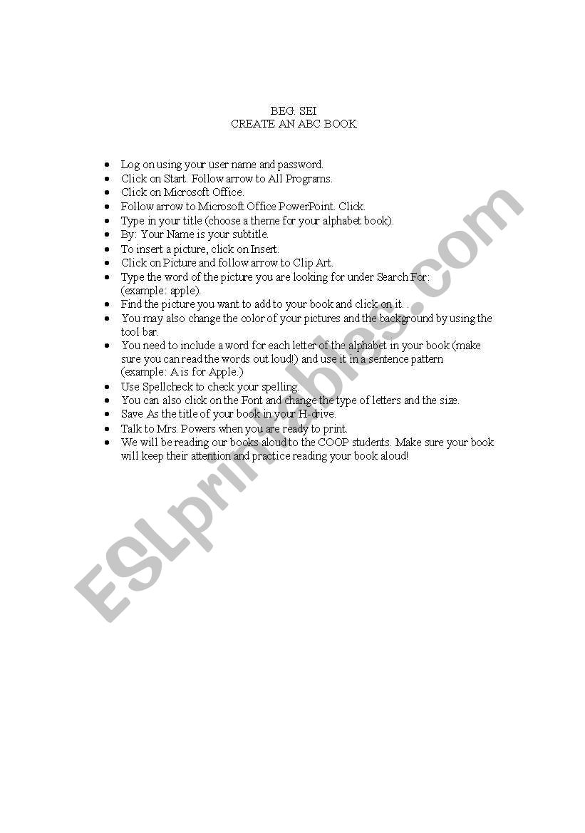 CREATE ABC BOOK DIRECTIONS worksheet