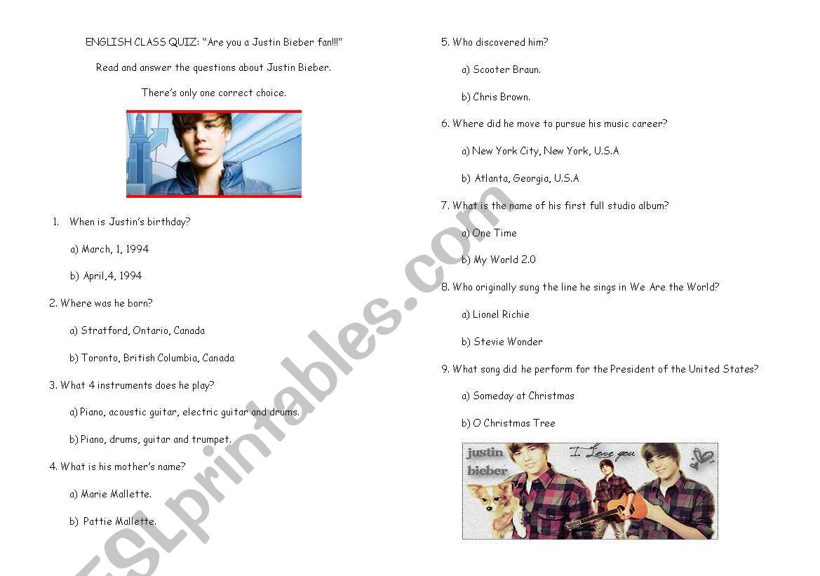 Are you a Justin Bieber fan? worksheet