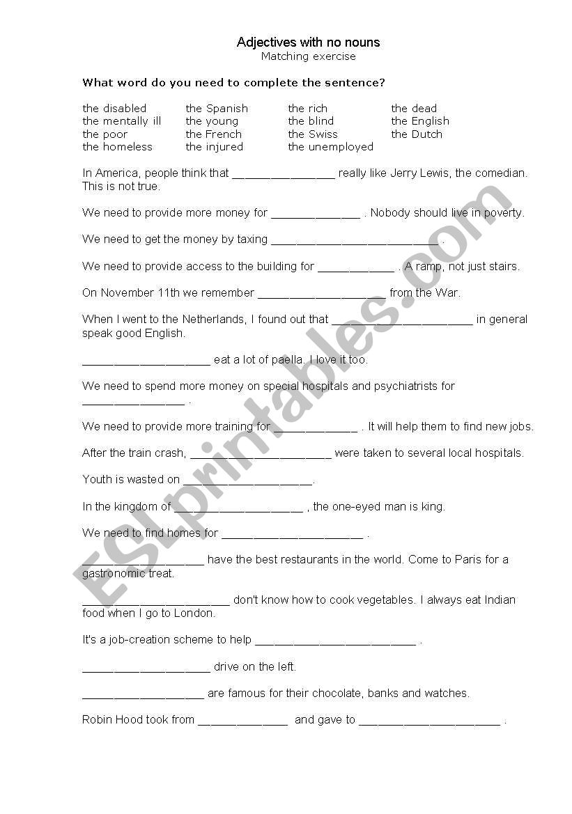 Adjectives with no nouns worksheet