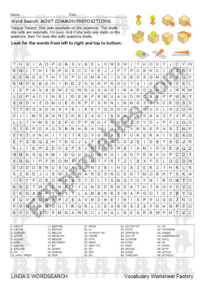 WORDSEARCH: MOST COMMON PREPOSITIONS
