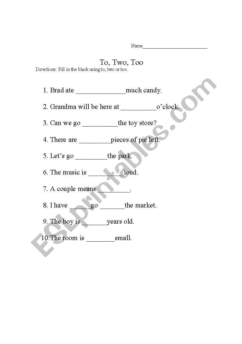 To, Two, Too worksheet