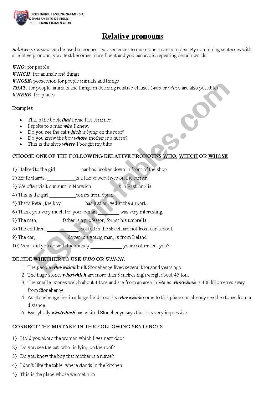 Relative pronouns worksheet