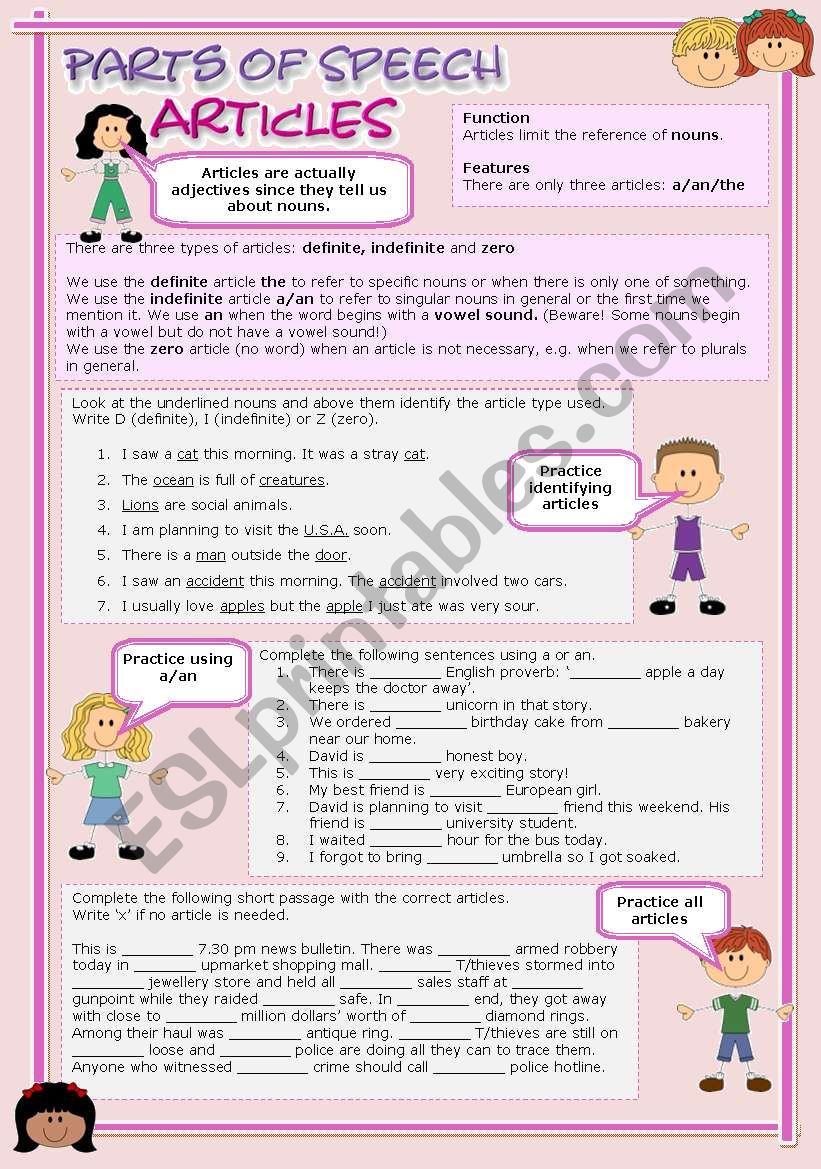 Parts of speech (7) - Articles (fully editable)