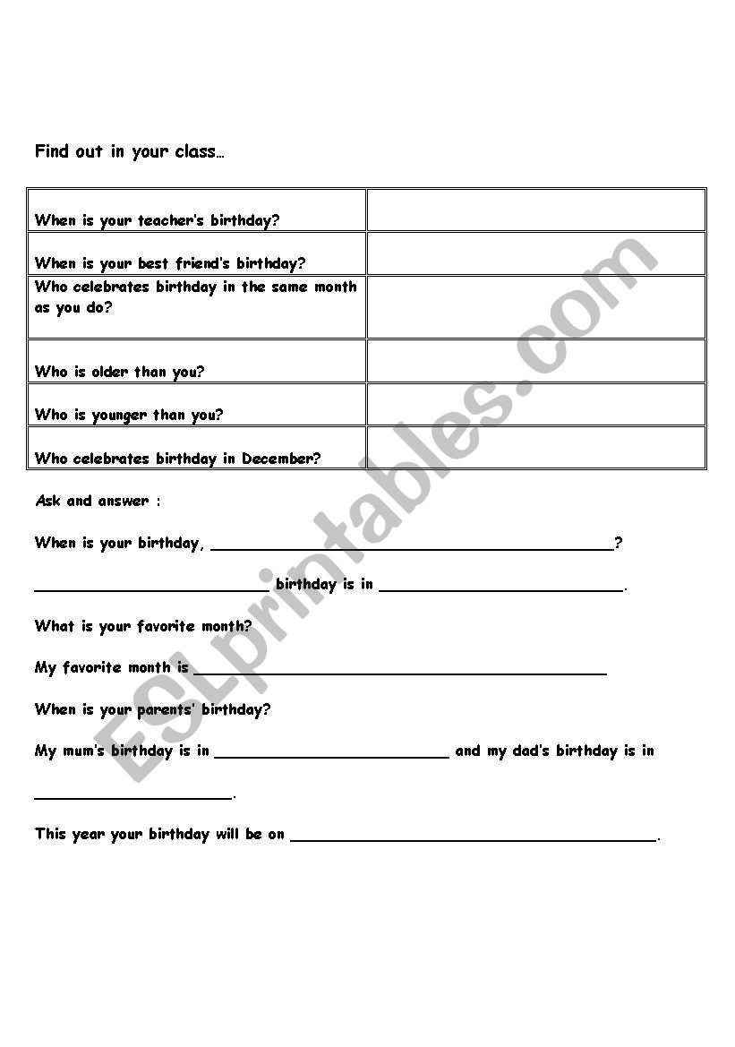 Birthdays research worksheet