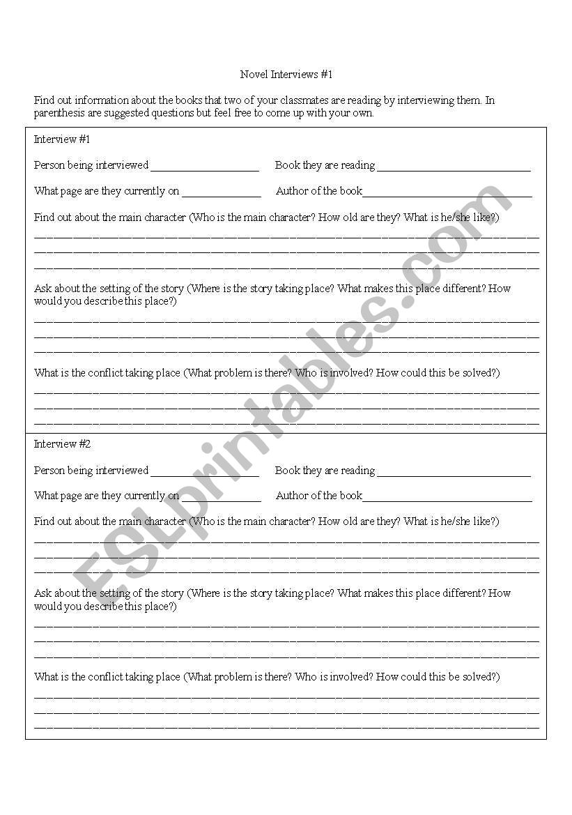 Novel Interview #1 worksheet