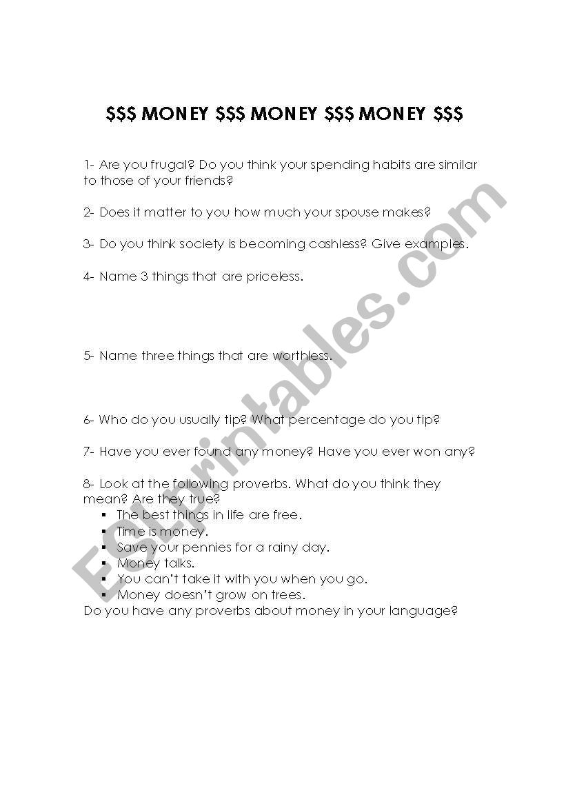 MONEY TALKS worksheet