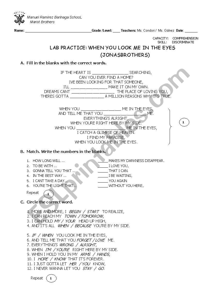 jonasÂ´ brothers song worksheet