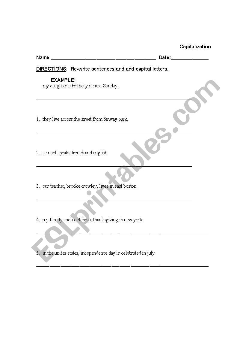 Capitization exercises worksheet