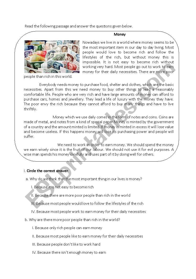 Reading comprehension worksheet