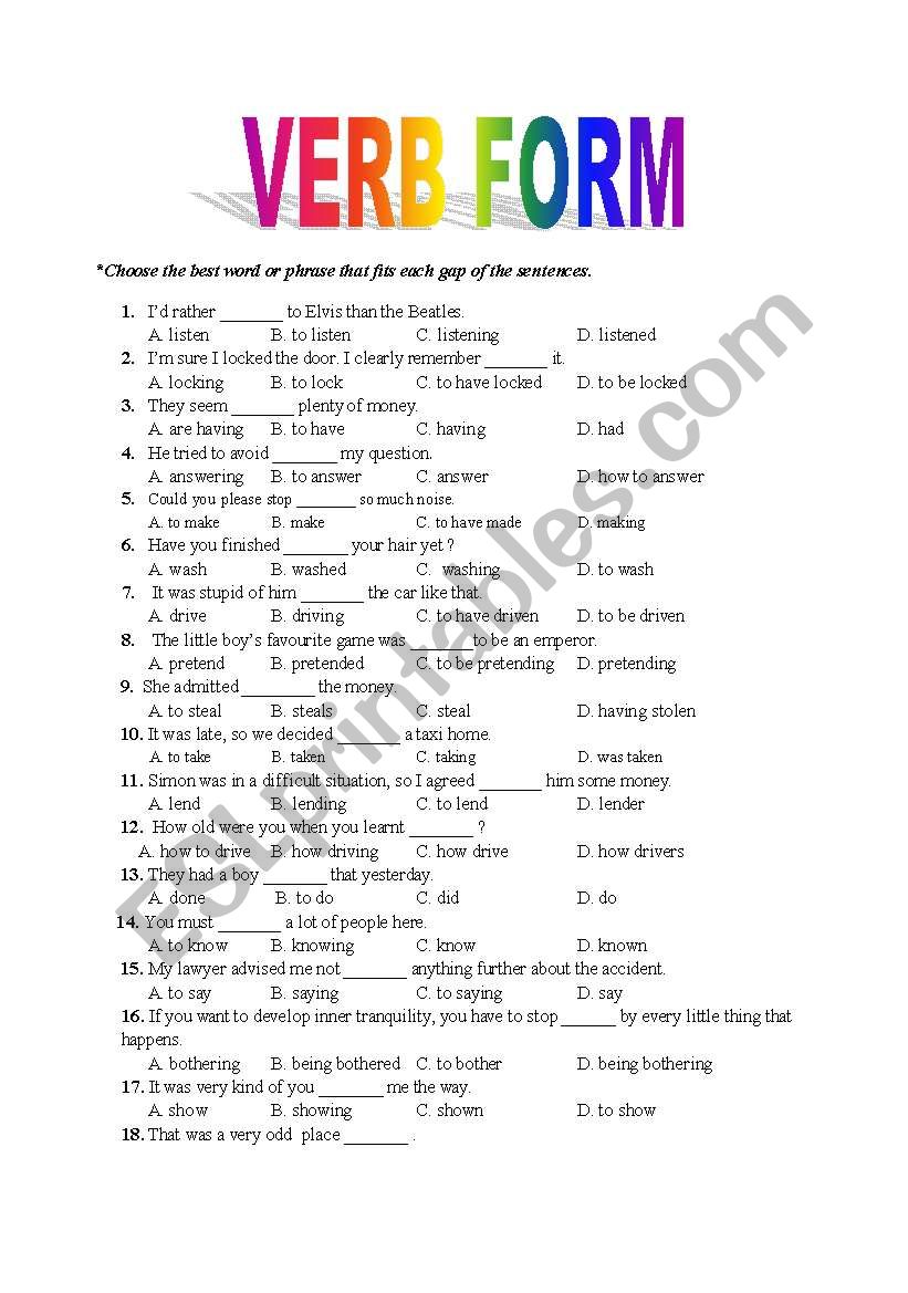 Verb Forms Worksheet Pdf