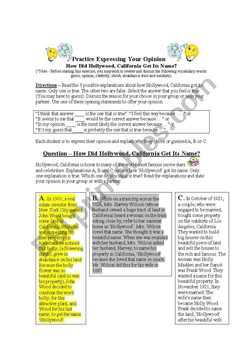 A Fun Exercise to Encourage Students to  Express an  Opinion - How Did Hollywood California Get Its Name???