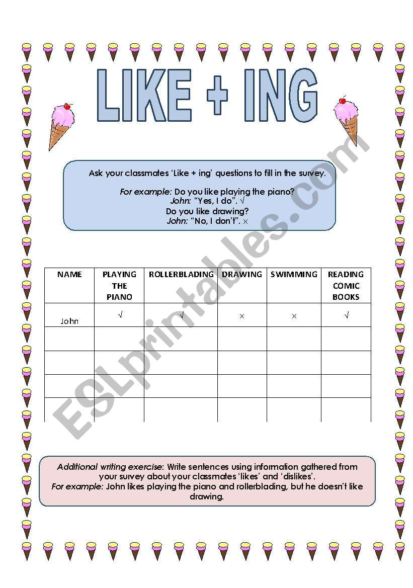 Like + ing worksheet