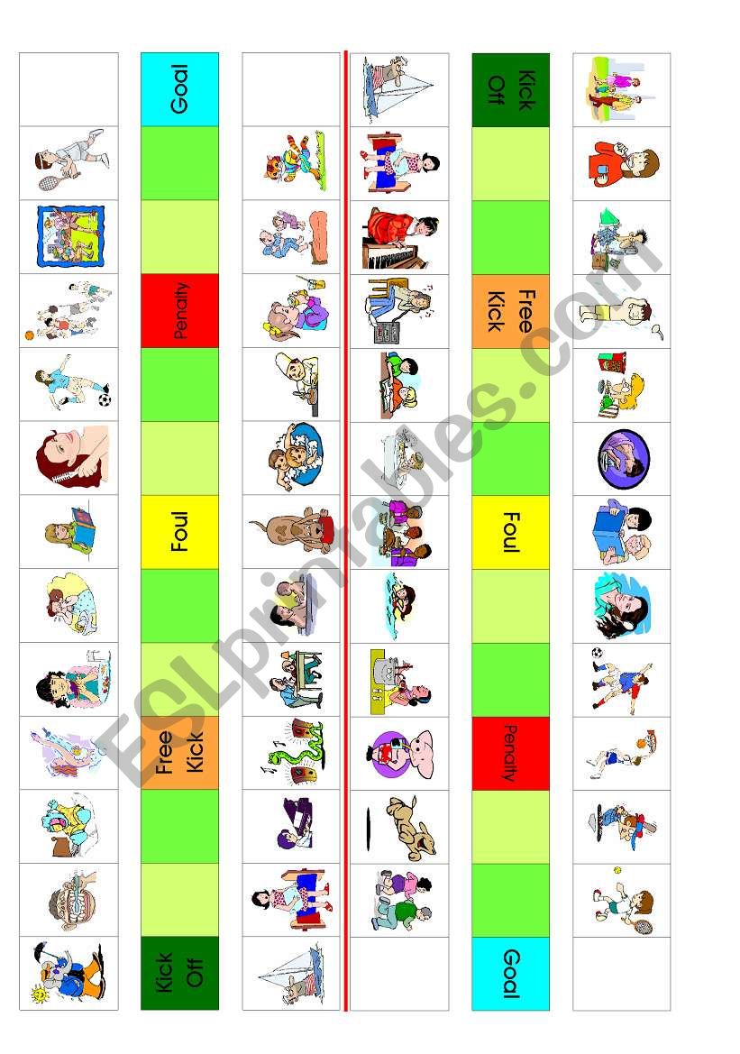 Football Action Game for practising common verbs: page 1 game, page two instructions and key.