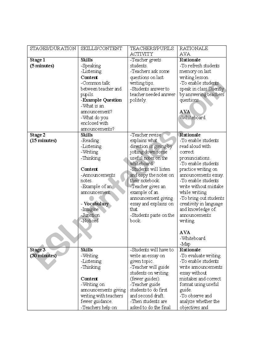 announcemet lesson plan worksheet