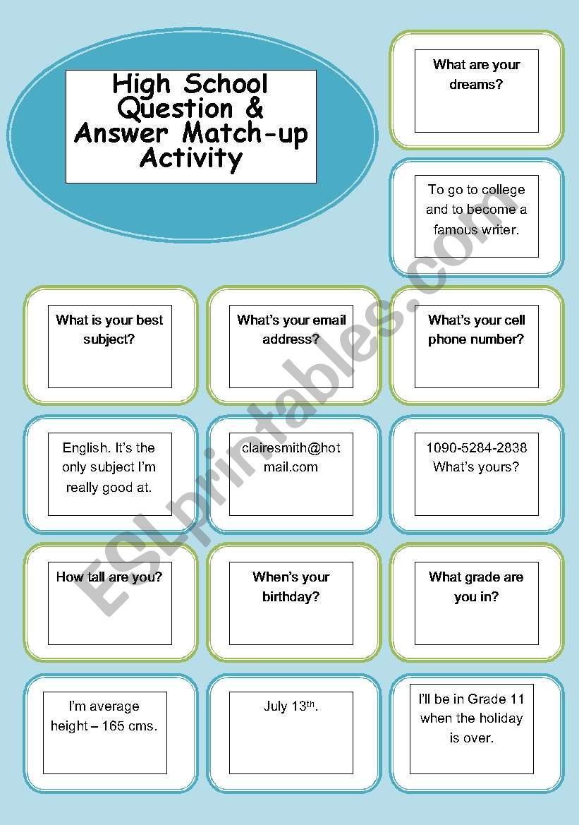High school question and answer match up activity i esl worksheet by